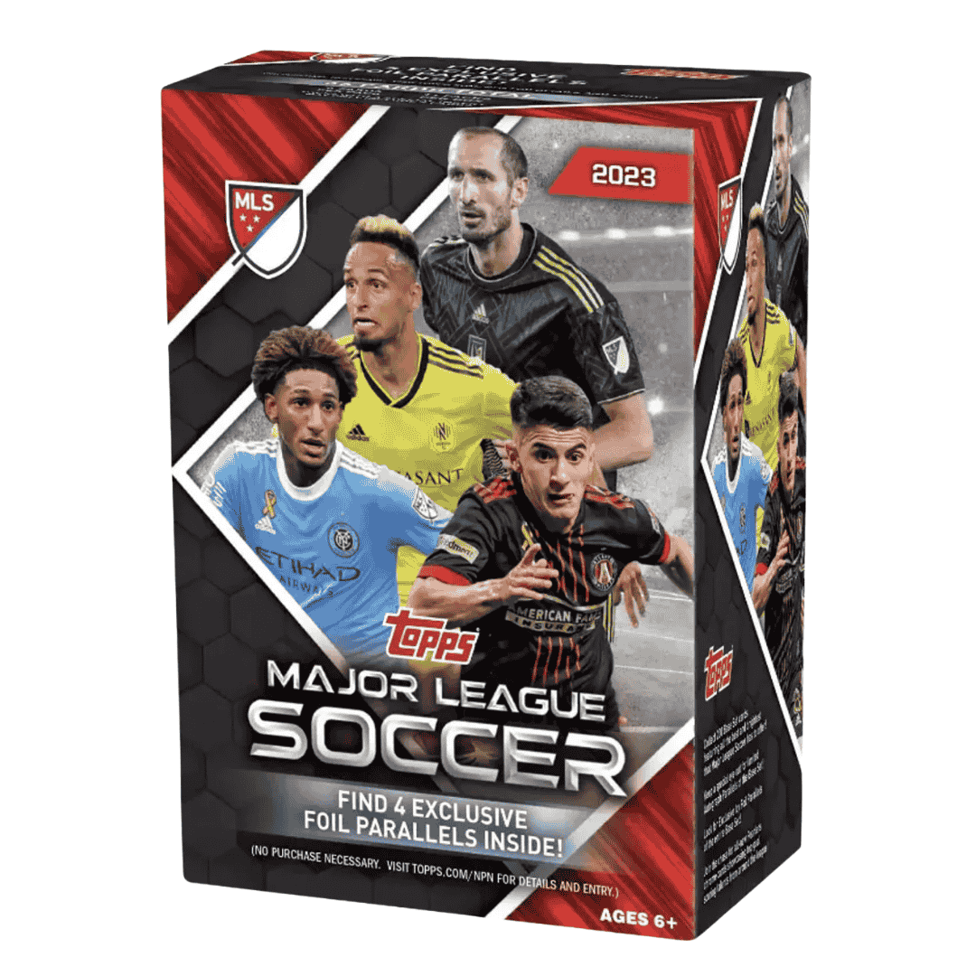 A 2023 Topps MLS Major League Soccer blaster box featuring professional soccer players.
