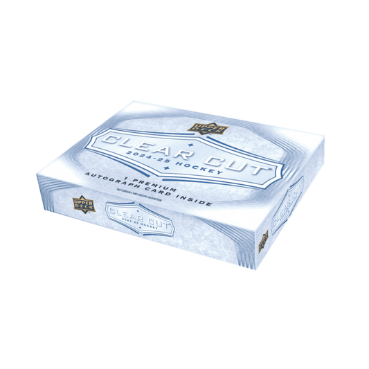 A 2024-25 Upper Deck Clear Cut hockey hobby box featuring a white and blue design.
