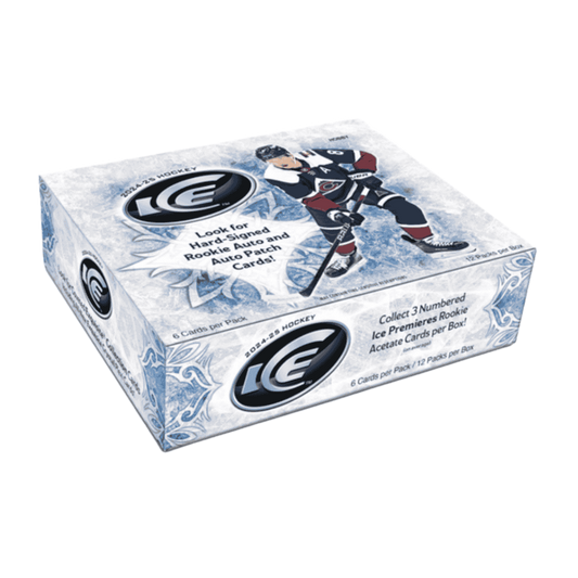 A 2024-25 Upper Deck Ice hockey hobby box featuring a hockey player graphic on the packaging.