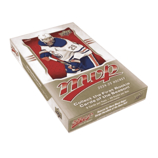 A 2024-25 Upper Deck MVP Hockey hobby box featuring a player on the cover.