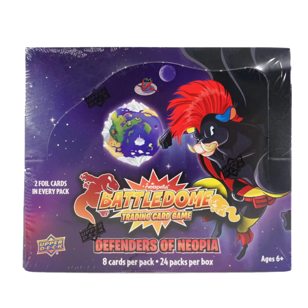 A sealed Upper Deck Neopets Battledome Defenders of Neopia booster box with purple space artwork.