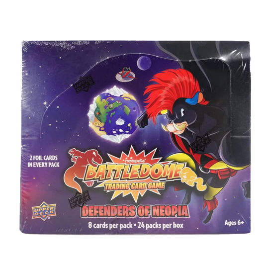 A sealed Upper Deck Neopets Battledome Defenders of Neopia booster box with purple space artwork.