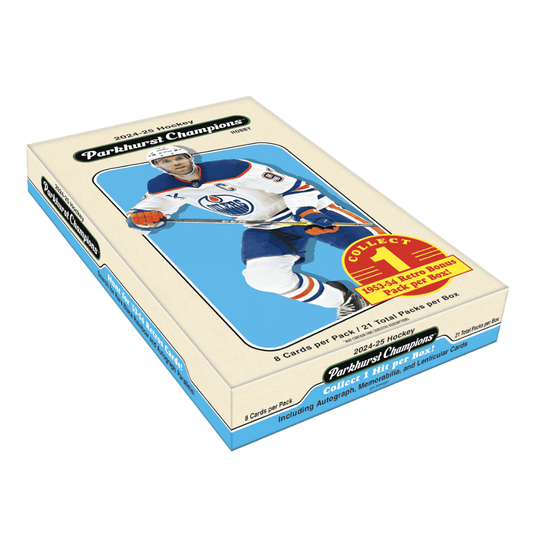 A 2024-25 Upper Deck Parkhurst Champions hockey hobby box featuring Connor McDavid.