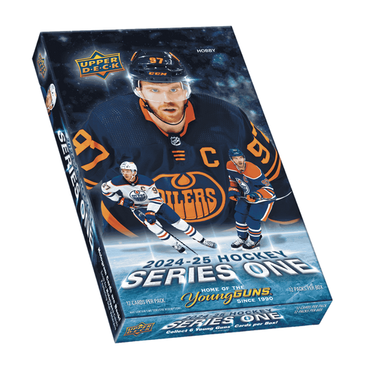 A 2024-25 Upper Deck Series 1 hockey hobby box featuring Connor McDavid on the packaging.