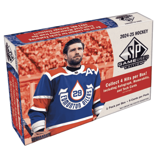 A 2024-25 Upper Deck SP Game Used hockey hobby box featuring Leon Draisaitl on the packaging.