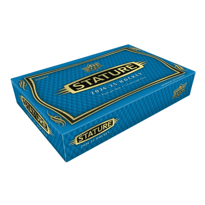 A blue 2024-25 Upper Deck Stature hockey hobby box with gold lettering and a quilted pattern.