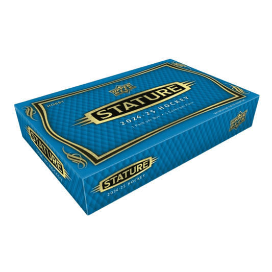 A blue 2024-25 Upper Deck Stature hockey hobby box with gold lettering and a quilted pattern.