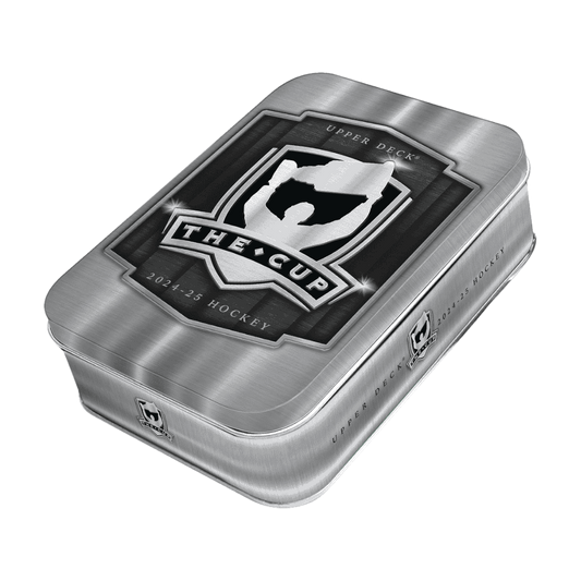 A brushed metal tin for 2024-25 Upper Deck The Cup hockey cards with a black logo on the lid.