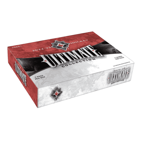 A 2024-25 Upper Deck Ultimate Collection hockey hobby box featuring red and white branding.