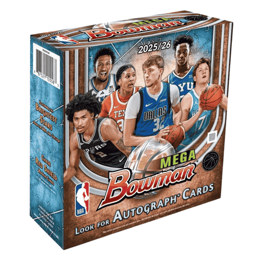 A 2025-26 Bowman Basketball Mega Box featuring images of professional and college players.