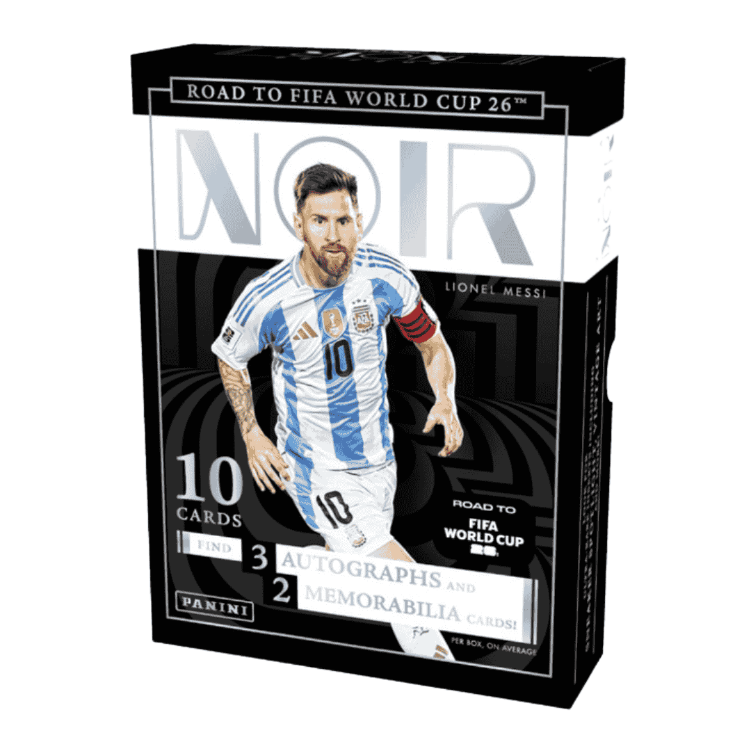 A Panini Noir Road to FIFA World Cup 26 soccer hobby box featuring Lionel Messi on the cover.
