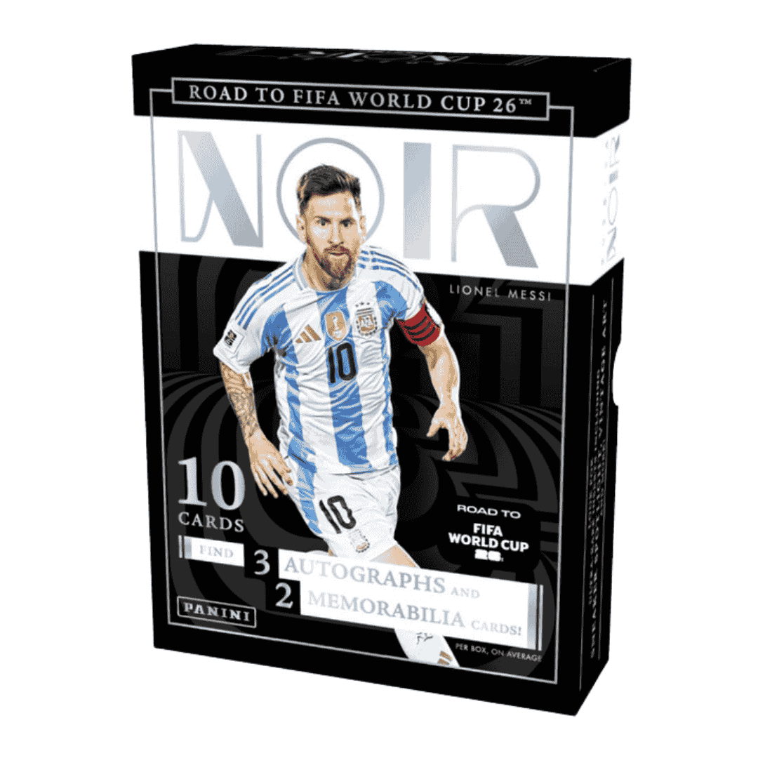 A Panini Noir Road to FIFA World Cup 26 soccer hobby box featuring Lionel Messi on the cover.