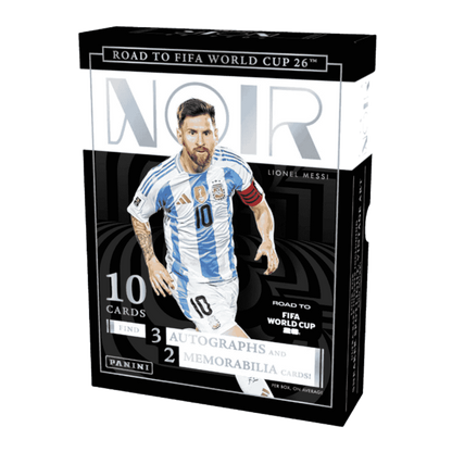 A Panini Noir Road to FIFA World Cup 26 soccer hobby box featuring Lionel Messi on the cover.