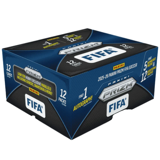 A 2025-26 Panini Prizm FIFA Soccer hobby box featuring blue and black branding.