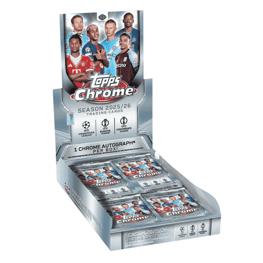 A 2025-26 Topps UEFA Club Competitions Chrome soccer hobby box containing twenty packs.