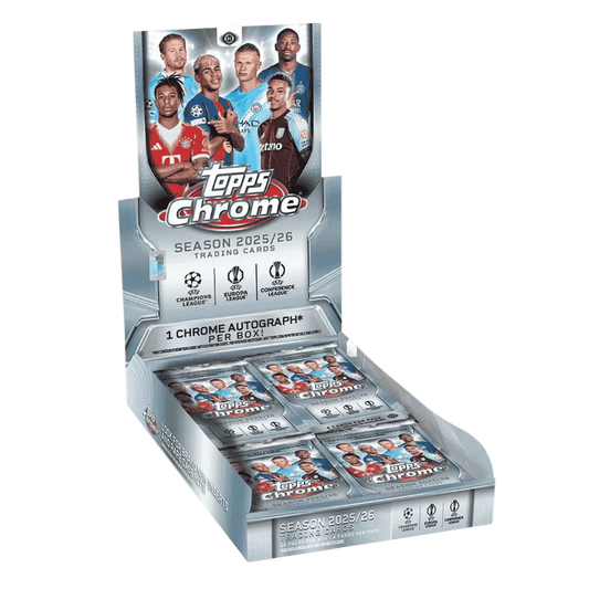 A 2025-26 Topps UEFA Club Competitions Chrome soccer hobby box containing twenty packs.