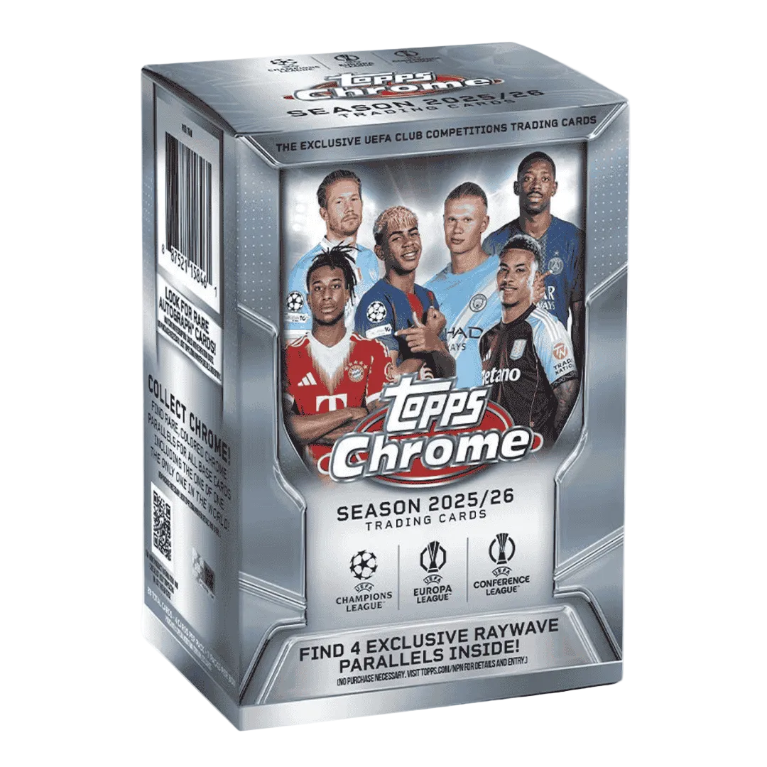 A 2025-26 Topps UEFA Club Competitions Chrome soccer blaster box featuring player imagery.