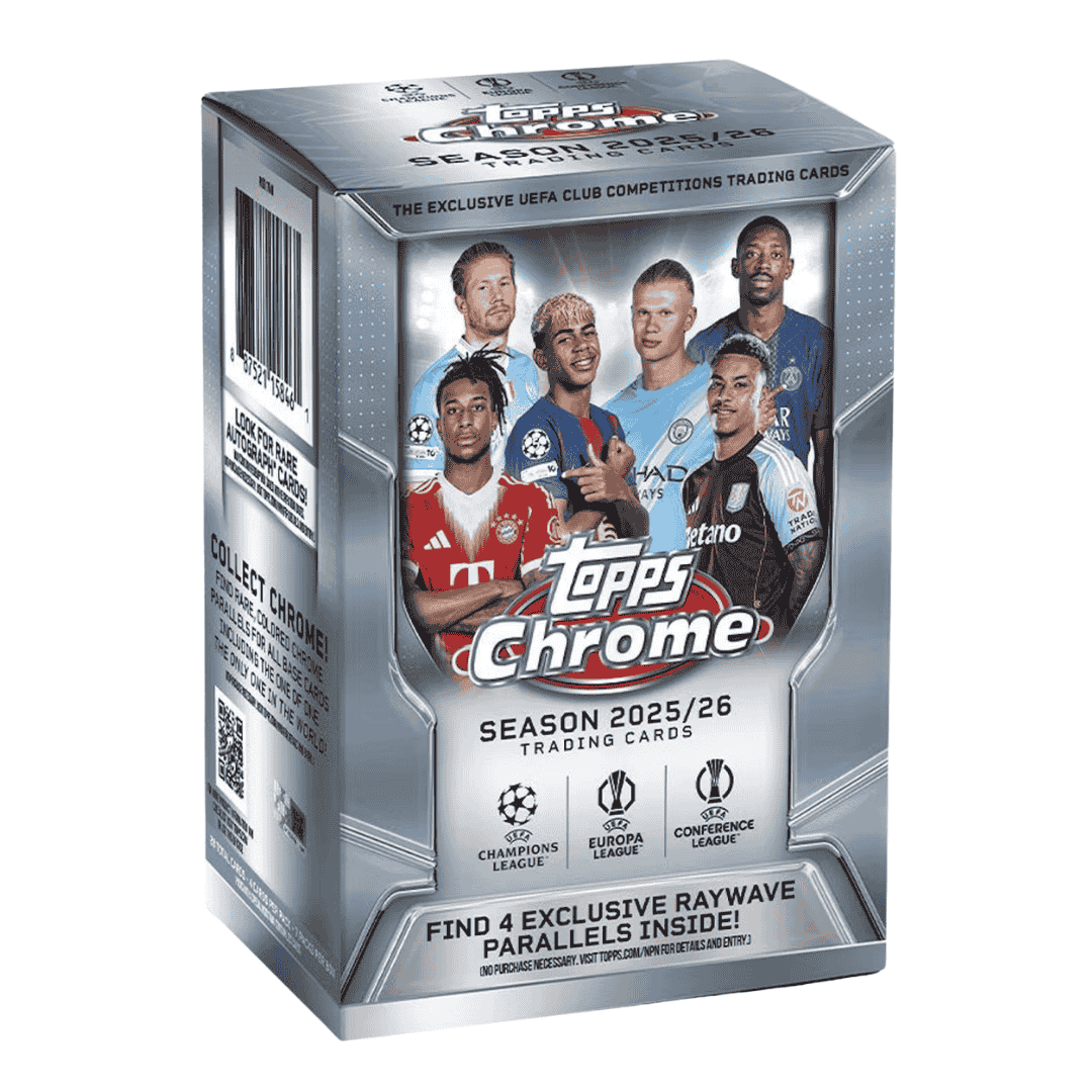 A 2025-26 Topps UEFA Club Competitions Chrome soccer blaster box featuring player imagery.