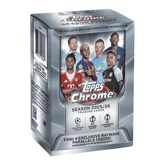 A 2025-26 Topps UEFA Club Competitions Chrome soccer blaster box featuring player imagery.
