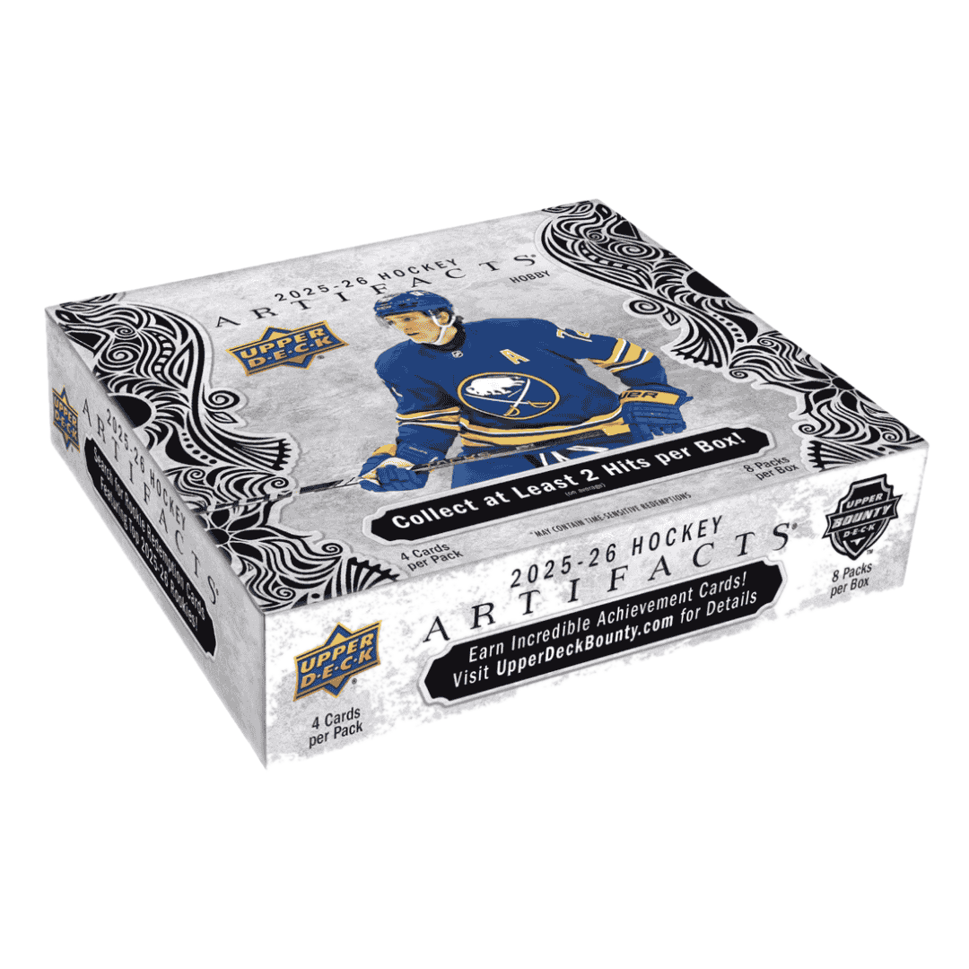 A 2025-26 Upper Deck Artifacts hockey hobby box featuring a Buffalo Sabres player on the cover.