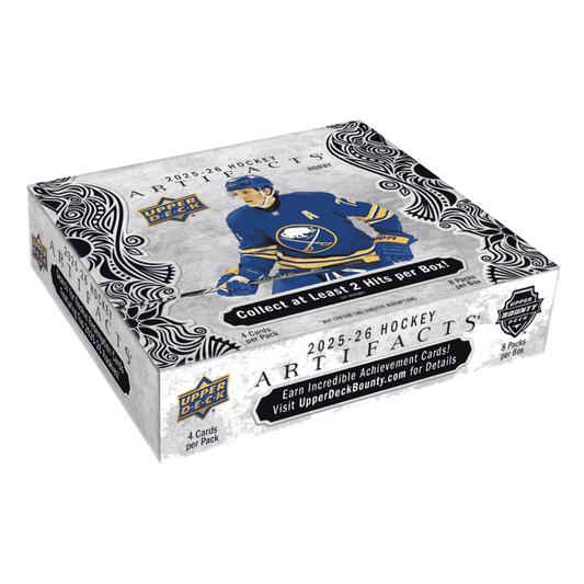 A 2025-26 Upper Deck Artifacts hockey hobby box featuring a Buffalo Sabres player on the cover.