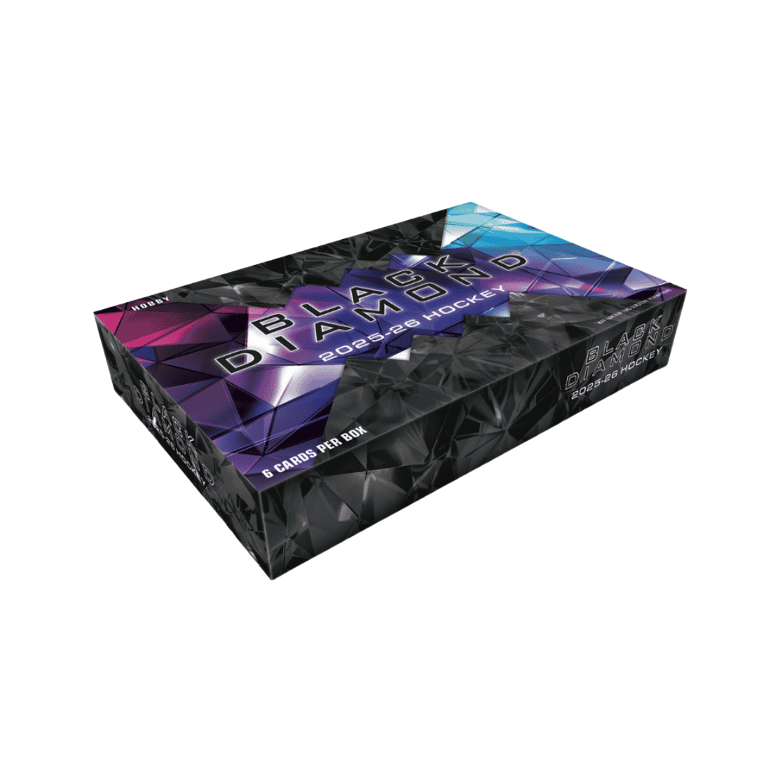A 2025-26 Upper Deck Black Diamond hockey hobby box with a geometric black and purple design.