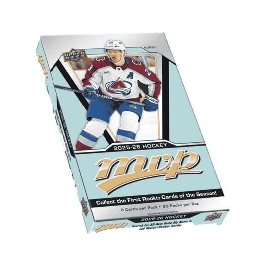 A 2025-26 Upper Deck MVP Hockey hobby box featuring a Colorado Avalanche player on the cover.