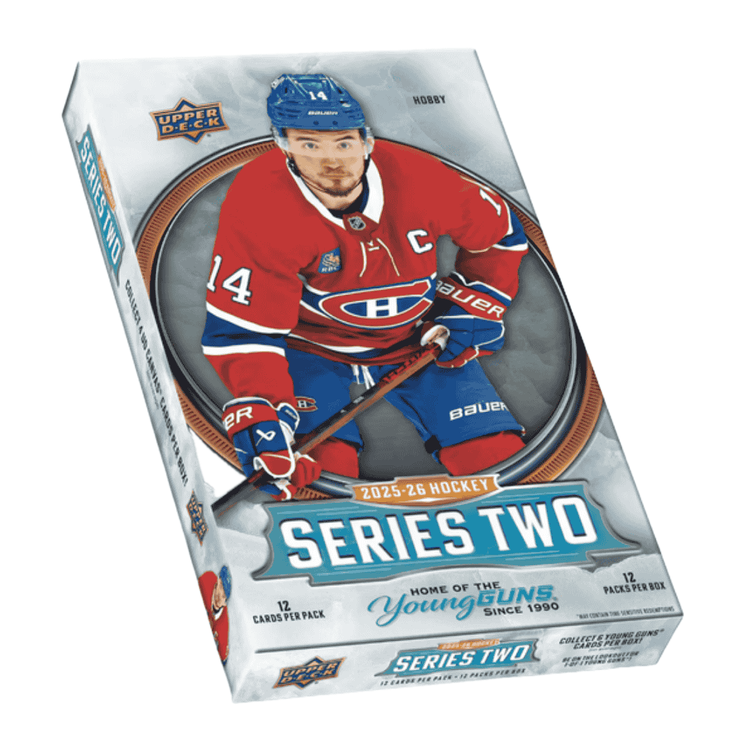 A 2025-26 Upper Deck Series 2 hockey hobby box featuring a Montreal Canadiens player on the cover.
