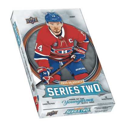 A 2025-26 Upper Deck Series 2 hockey hobby box featuring a Montreal Canadiens player on the cover.