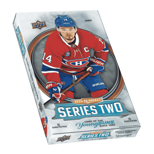 A 2025-26 Upper Deck Series 2 hockey hobby box featuring a Montreal Canadiens player on the cover.