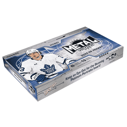 A 2025-26 Upper Deck Skybox Metal Universe hockey hobby box featuring a Toronto Maple Leafs player.