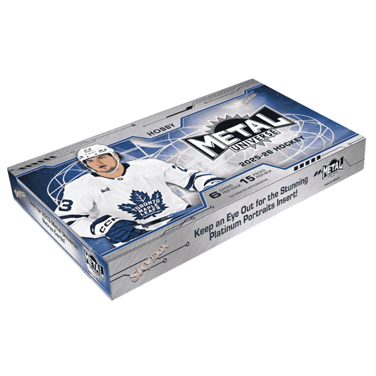 A 2025-26 Upper Deck Skybox Metal Universe hockey hobby box featuring a Toronto Maple Leafs player.