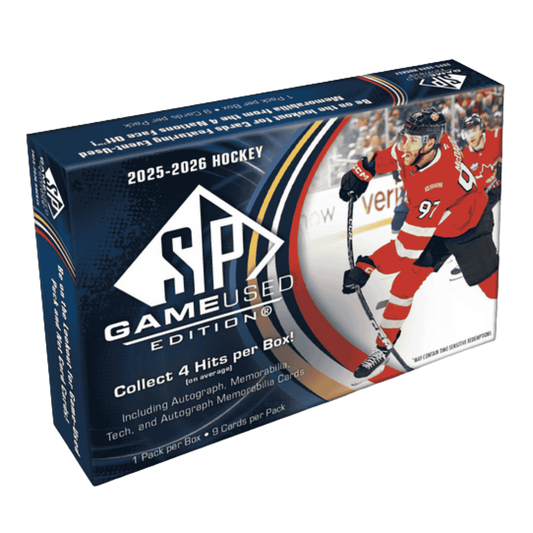 A 2025-26 Upper Deck SP Game Used hockey hobby box featuring Connor McDavid on the packaging.