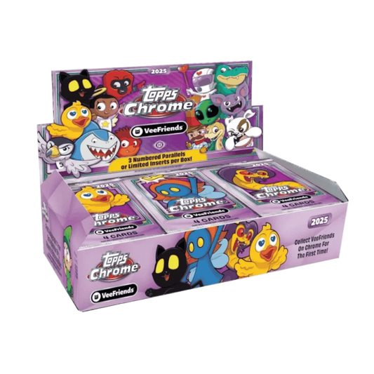 A 2025 Topps Chrome VeeFriends hobby box featuring colorful character illustrations.
