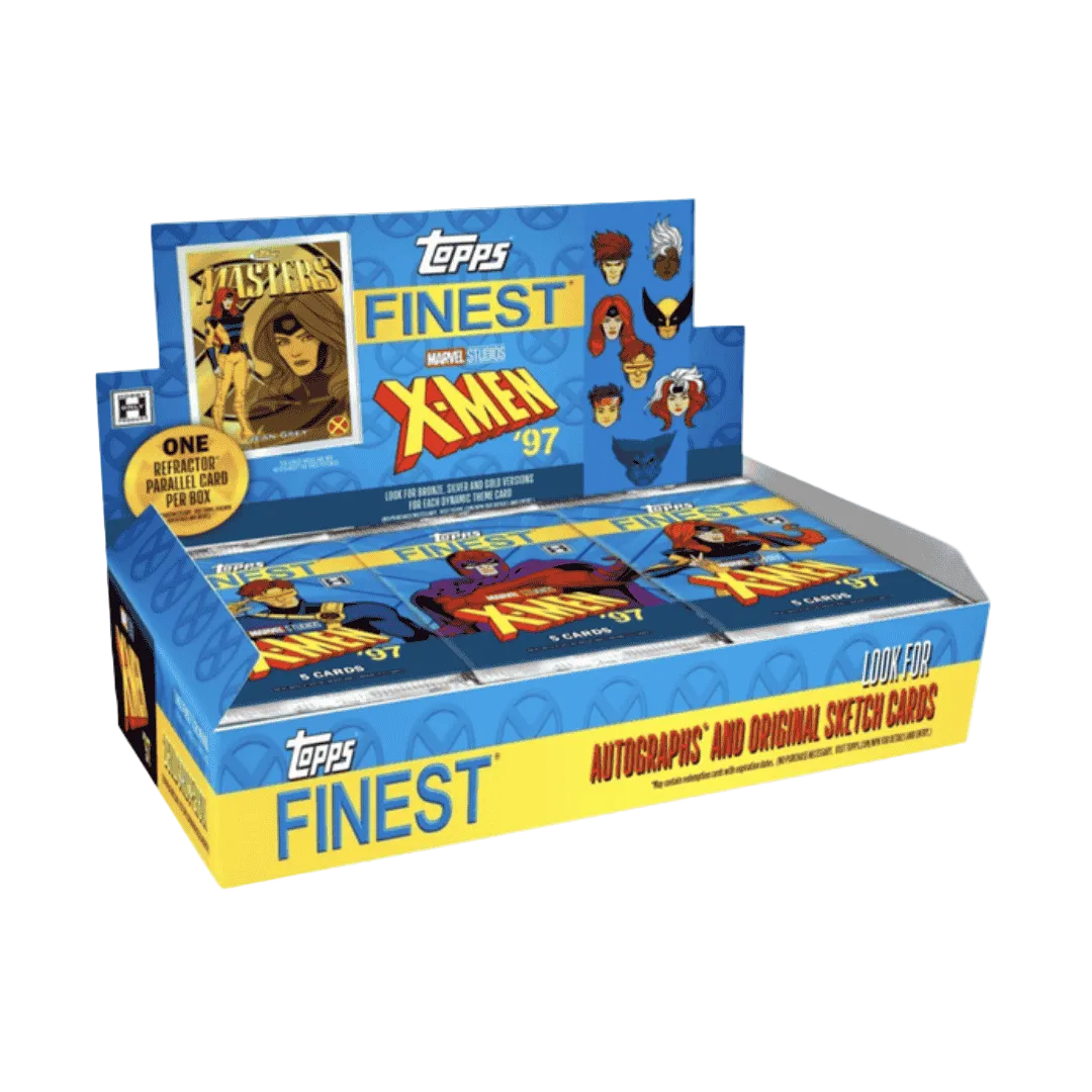 A 2025 Topps Finest X-Men '97 hobby box featuring character artwork and branding.