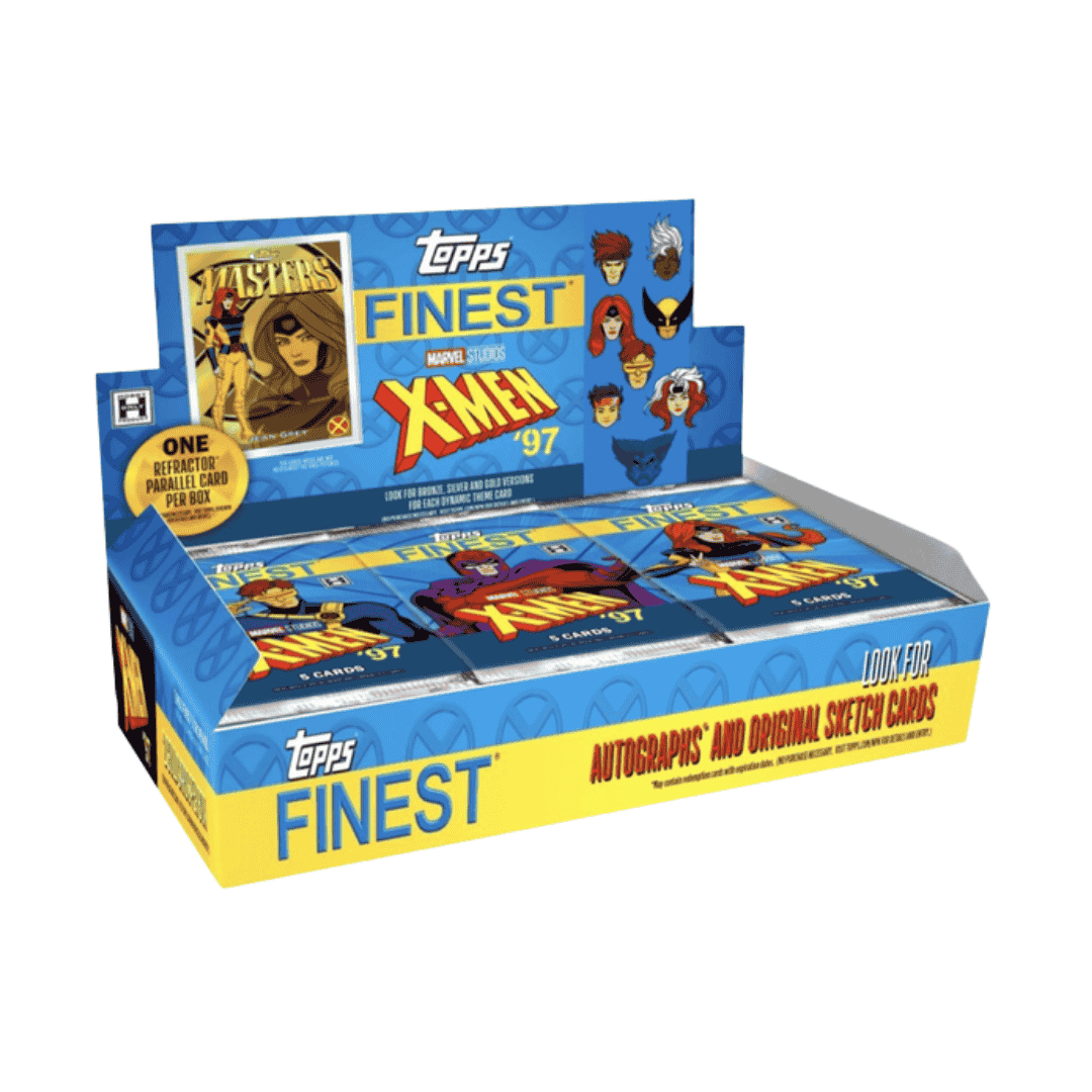 A 2025 Topps Finest X-Men '97 hobby box featuring character artwork and branding.