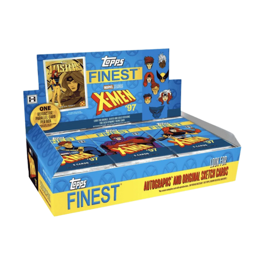 A 2025 Topps Finest X-Men '97 hobby box featuring character artwork and branding.