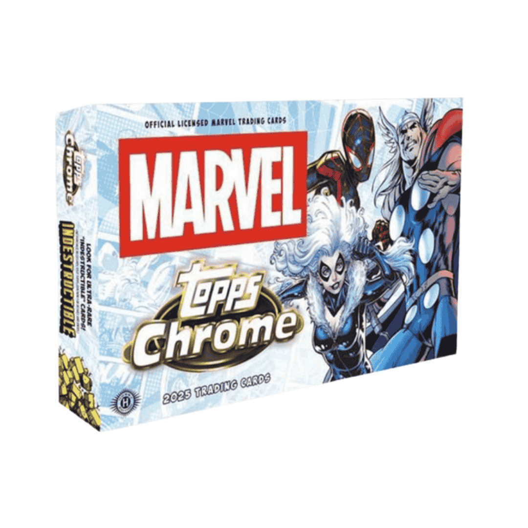 A 2025 Topps Marvel Chrome hobby box featuring illustrations of Black Cat, Thor, and Miles Morales.