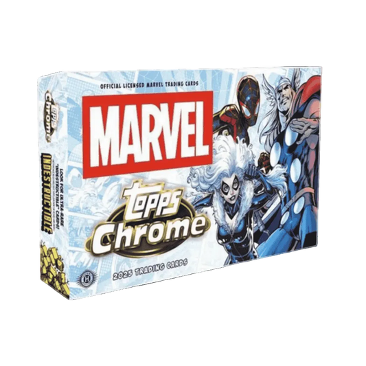 A 2025 Topps Marvel Chrome hobby box featuring illustrations of Black Cat, Thor, and Miles Morales.
