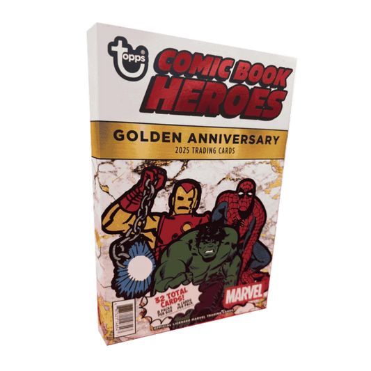 A 2025 Topps Marvel Comic Book Heroes Golden Anniversary trading card box featuring classic art.