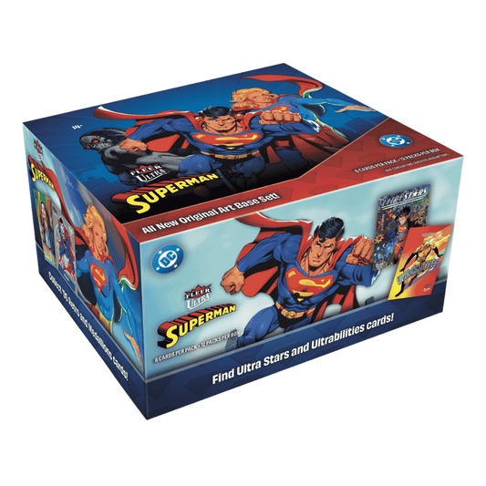 A 2025 Upper Deck Fleer Ultra Superman hobby box featuring comic book art of Superman.