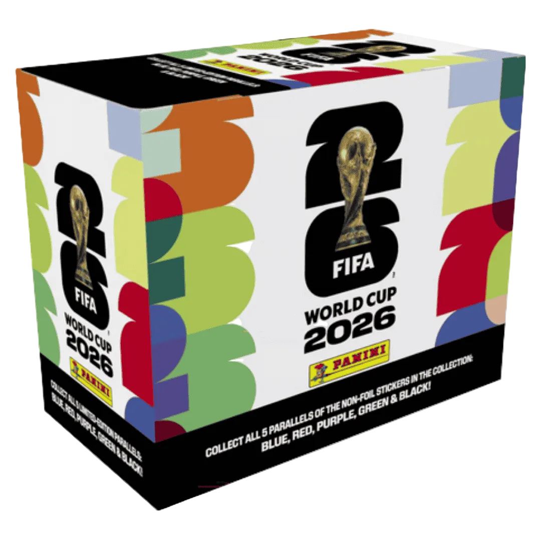 A 25-count box of 2026 Panini World Cup soccer stickers featuring colorful graphic branding.