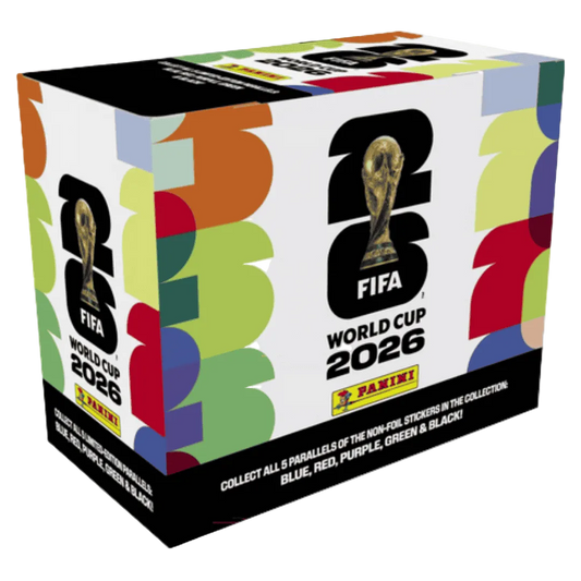 A 25-count box of 2026 Panini World Cup soccer stickers featuring colorful graphic branding.