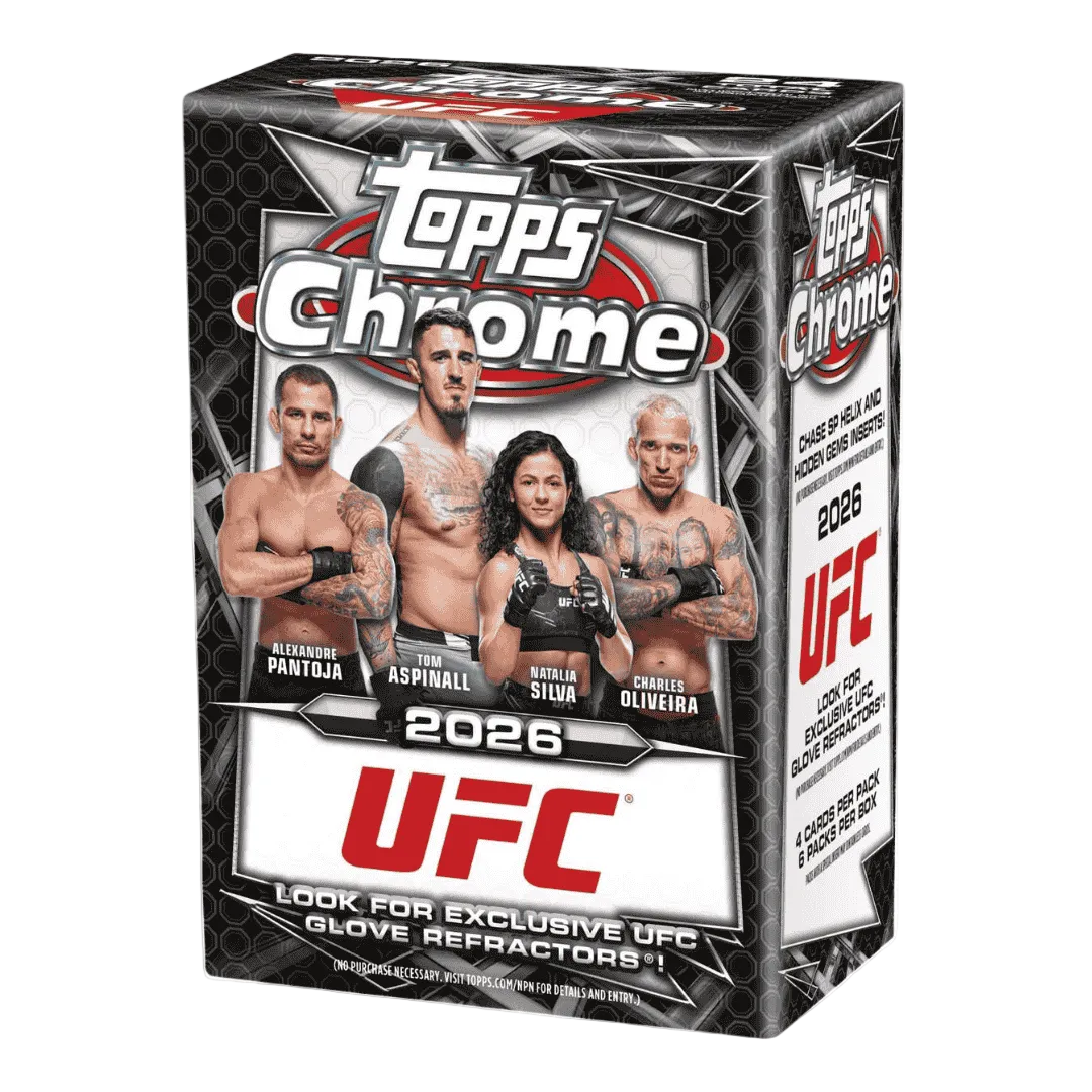 A 2026 Topps Chrome UFC blaster box featuring images of four fighters on the front.
