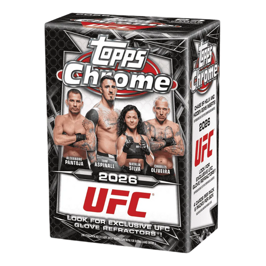 A 2026 Topps Chrome UFC blaster box featuring images of four fighters on the front.