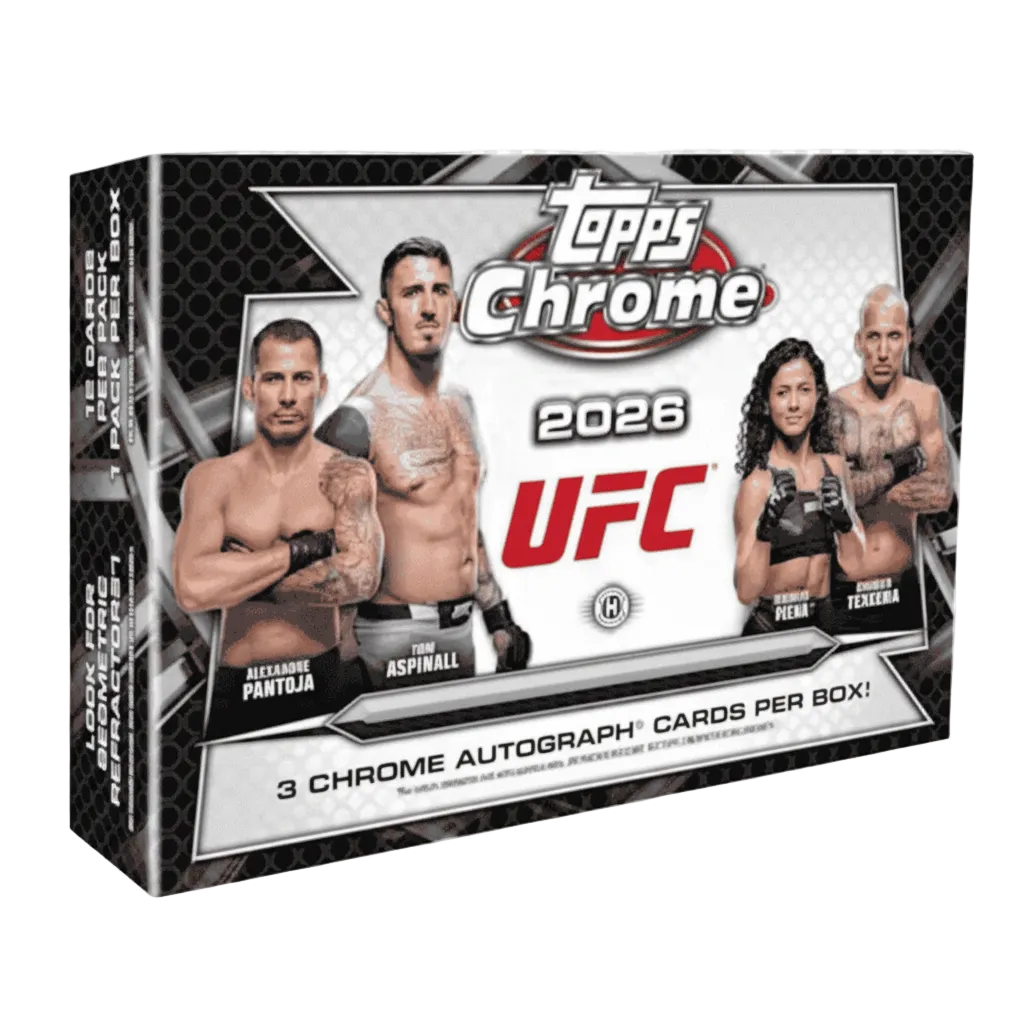 A 2026 Topps Chrome UFC Delight trading card box featuring images of various UFC fighters.