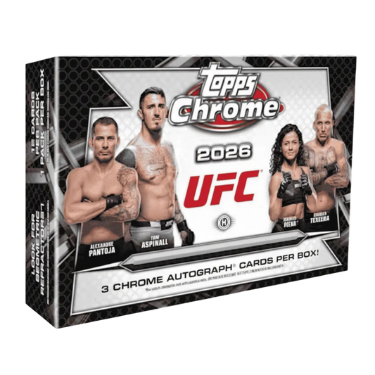 A 2026 Topps Chrome UFC Delight trading card box featuring images of various UFC fighters.