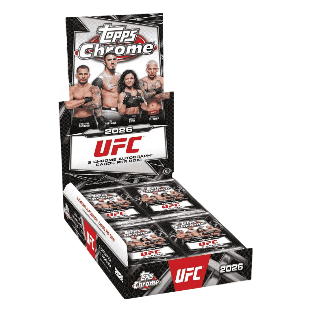 A 2026 Topps Chrome UFC hobby box containing multiple packs of trading cards.