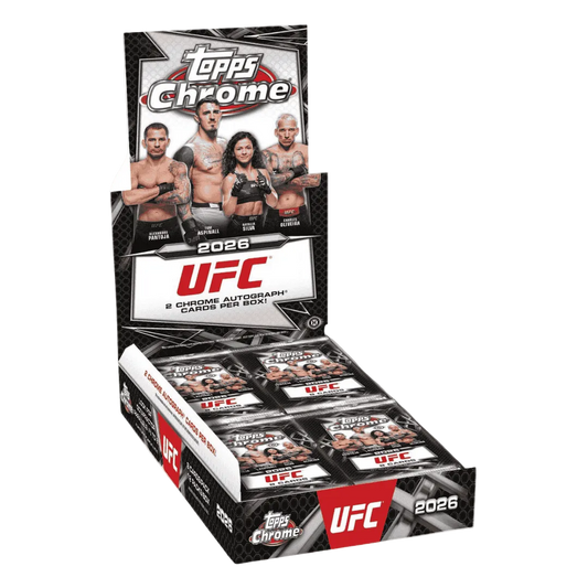 A 2026 Topps Chrome UFC hobby box containing multiple packs of trading cards.