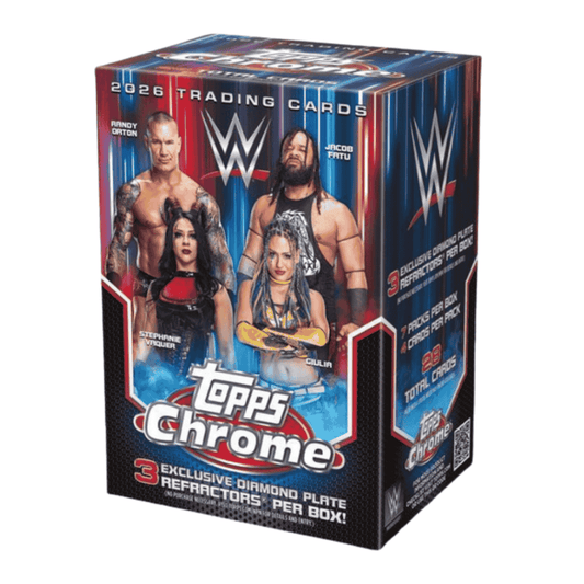 A 2026 Topps Chrome WWE value box featuring Randy Orton, Jacob Fatu, Stephanie Vaquer, and Giulia.